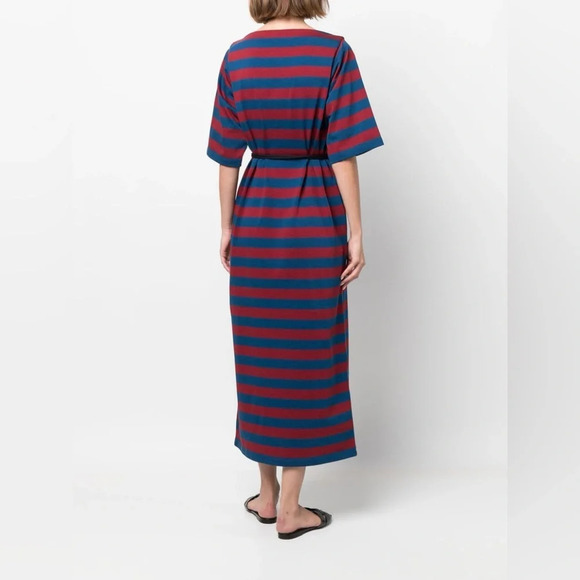 Tory Burch Logo-Belted Striped Midi-Dress Red Navy - Picture 3 of 10